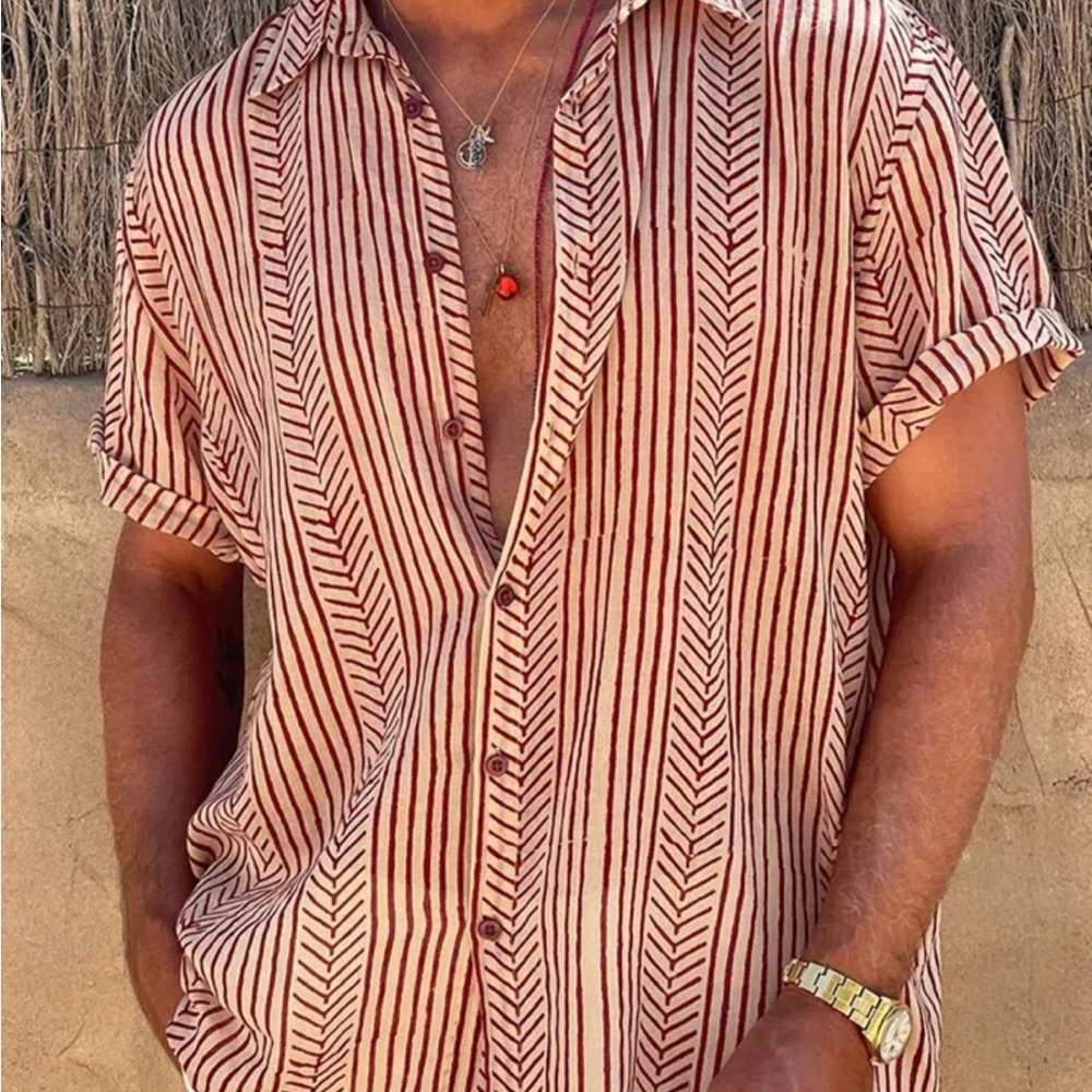 NWOT Fydude Mens Vacation Striped Cotton Linen button down Shirt size M